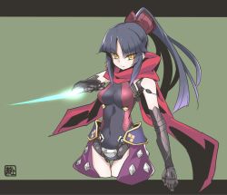 Rule 34 | 1girl, arm blade, black hair, cropped legs, doll joints, fate/grand order, fate (series), green background, joints, katou danzou (fate), letterboxed, ponytail, raigou, robot joints, scarf, solo, weapon, yellow eyes