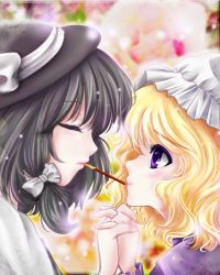 Rule 34 | 2girls, black hair, blonde hair, blurry, bow, depth of field, eyelashes, closed eyes, female focus, floral background, food, hair bow, holding hands, hat, hat ribbon, light particles, lips, looking at another, maribel hearn, multiple girls, pocky, pocky kiss, profile, purple eyes, ribbon, shared food, short hair, touhou, tsukiori sasa, usami renko, yuri