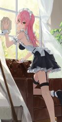Rule 34 | 1girl, absurdres, ankle strap, apron, arm scrunchie, arm up, armchair, back, backless dress, backless outfit, bare shoulders, black dress, black footwear, blush, bobby socks, bow, breasts, bucket, chair, cleaning, closed mouth, curtains, dress, feet on chair, fishnet thighhighs, fishnets, frilled apron, frilled socks, frills, from side, garter straps, hair between eyes, high heels, highres, idolmaster, idolmaster cinderella girls, idolmaster cinderella girls starlight stage, indoors, jougasaki mika, lace, lace-trimmed dress, lace trim, long hair, looking at viewer, maid, maid headdress, mary janes, medium breasts, ningen gokko, pink hair, plant, potted plant, rag, scrunchie, shoes, sleeveless, sleeveless dress, smile, socks, solo, thighhighs, tree, waist bow, white apron, white bow, white scrunchie, white socks, white wrist cuffs, window, wrist cuffs, yellow eyes