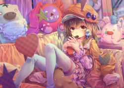 Rule 34 | 10s, 1girl, :3, badge, brown hair, buttons, cabbie hat, carrot, chocolate, crescent, cupboard, frilled skirt, frills, green eyes, hair ornament, hat, jacket, jacket on shoulders, jacket over shoulder, looking at viewer, lying, monogatari (series), mouse (animal), mouth hold, niichi (komorebi-palette), nisemonogatari, o o, on back, own hands clasped, own hands together, rabbit, sengoku nadeko, skirt, sleeves rolled up, snake, solo, star (symbol), string, stuffed animal, stuffed toy, table, teddy bear, thighhighs, unworn jacket, white thighhighs, zettai ryouiki