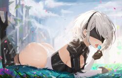 Rule 34 | 1girl, 2b (nier:automata), ass, ass focus, black blindfold, black footwear, black gloves, blindfold, boots, breasts, candy, cleavage, cloud, commentary, english commentary, food, gloves, high heel boots, high heels, highres, leg up, lollipop, medium breasts, neo (neorarty3), nier:automata, nier (series), on grass, scenery, solo, stiletto boots, stiletto heels, tasting, thick thighs, thigh boots, thighs, tongue, tongue out, white hair