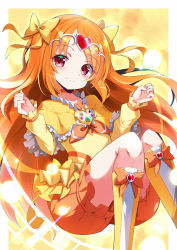 Rule 34 | 1girl, blush, boots, border, brooch, bubble skirt, capelet, choker, cure muse (yellow), dress, frills, gradient background, hair ribbon, heart, highres, jewelry, long hair, long sleeves, neckerchief, omochishiki, orange hair, orange neckerchief, orange ribbon, precure, red eyes, ribbon, shirabe ako, sitting, skirt, smile, solo, sparkle background, suite precure, tiara, two-tone footwear, white border, white footwear, yellow background, yellow choker, yellow dress, yellow footwear, yellow ribbon