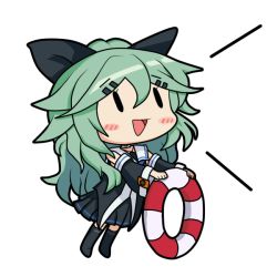 Rule 34 | 10s, 1girl, 25mm triple autocannon mount, :&gt;, bamomon, black ribbon, black thighhighs, blue neckerchief, chibi, commentary request, detached sleeves, fairy (kancolle), green hair, hair between eyes, hair ornament, hair ribbon, hairclip, kantai collection, lifebuoy, long hair, neckerchief, open mouth, ponytail, ribbon, school uniform, serafuku, skirt, solid oval eyes, solo, swim ring, thighhighs, yamakaze (kancolle)