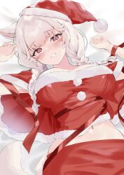 Rule 34 | 1girl, animal ears, bed sheet, blush, braid, breasts, capelet, cat ears, cat girl, cat tail, commentary, facial mark, final fantasy, final fantasy xiv, fur-trimmed capelet, fur-trimmed headwear, fur trim, grey hair, hat, highres, large breasts, long hair, looking at viewer, lying, midriff, miqo&#039;te, navel, on back, red capelet, red eyes, red skirt, santa costume, santa hat, shhilee, skirt, solo, stomach, tail, twin braids, warrior of light (ff14), whisker markings