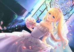 Rule 34 | 1girl, blonde hair, blue eyes, bridal veil, bride, collarbone, commentary request, dress, dutch angle, flower, hair flower, hair ornament, highres, holding, holding flower, indoors, junineu, long hair, open mouth, original, petals, skirt hold, solo, stained glass, strapless, strapless dress, twintails, veil, wedding dress, white dress