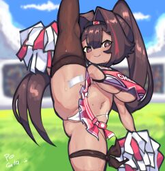 Rule 34 | ahoge, areola slip, ass, bay (nikke), black thighhighs, breasts, brown eyes, brown hair, cheerleader, closed mouth, collar, crop top, dark-skinned female, dark skin, facial tattoo, goddess of victory: nikke, hair intakes, hairband, large breasts, leg up, long hair, mole, mole on stomach, mole under mouth, multicolored hair, panties, partially visible vulva, pissgata, pom pom (cheerleading), ponytail, red hair, red shirt, red skirt, shirt, single thighhigh, skirt, smile, spiked collar, spikes, split, stadium, standing, standing on one leg, standing split, star tattoo, streaked hair, sweat, tattoo, thigh strap, thighhighs, underboob, underwear, white panties