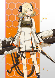 Rule 34 | 1girl, arknights, blonde hair, commentary, demon girl, demon horns, demon tail, dress, feet out of frame, flamethrower, gradient background, grey background, highres, holding, holding weapon, horns, id card, ifrit (arknights), long sleeves, looking to the side, material growth, open mouth, orange background, orange eyes, oripathy lesion (arknights), pillarboxed, shimizu kazunari, short hair, short twintails, simple background, smile, solo, tail, thigh strap, twintails, twitter username, weapon, white dress