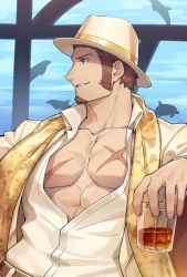 Rule 34 | 00047, 1boy, abs, arm support, bara, beard, beige shirt, belt, blue eyes, brown hair, covered abs, cross scar, cup, dolphin, facial hair, fate/grand order, fate (series), formal, goatee, hat, highres, light, light smile, long sideburns, long sleeves, looking to the side, male focus, muscular, napoleon bonaparte (fate), official alternate costume, open clothes, open shirt, pectoral cleavage, pectorals, scar, scar on chest, scarf, shadow, sideburns, sitting, smile, solo, suit, unbuttoned, upper body, yellow scarf