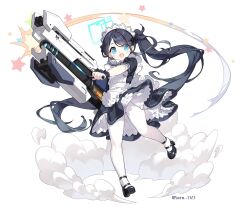 Rule 34 | 1girl, apron, aris (blue archive), aris (maid) (blue archive), artist name, black dress, black footwear, black hair, blue archive, blue eyes, blue halo, blush, commentary request, dress, frilled apron, frills, gun, halo, highres, holding, holding gun, holding weapon, long hair, looking at viewer, maid, maid apron, maid headdress, official alternate costume, open mouth, pantyhose, puffy short sleeves, puffy sleeves, railgun, saru, short dress, short sleeves, side ponytail, solo, star (symbol), twitter username, very long hair, weapon, white apron, white pantyhose, wrist cuffs