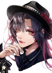 Rule 34 | 1other, ambiguous gender, black necktie, blue hair, collared shirt, dark blue hair, eyeshadow, hair over one eye, hand on own chin, hand up, hat, highres, lips, looking at viewer, makeup, multicolored hair, necktie, nose, original, parted lips, pink hair, pink lips, rifuru, shirt, simple background, two-tone hair, white background, yellow eyes