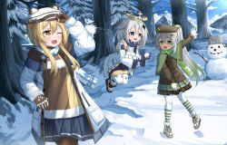 Rule 34 | 3girls, :d, absurdres, alternate costume, black gloves, black hair, black pantyhose, blonde hair, brown gloves, coat, commentary request, floating, forest, genshin impact, gloves, gradient hair, green eyes, hair between eyes, hair ornament, halo, hat, highres, long hair, long sleeves, lumine (genshin impact), mechanical halo, multicolored hair, multiple girls, nahida (genshin impact), nature, open mouth, paimon (genshin impact), pantyhose, pointy ears, short hair, short hair with long locks, side ponytail, sidelocks, skym (kumei), smile, snow, snowball, snowman, symbol-shaped pupils, throwing, tree, white gloves, white hair, winter clothes, winter coat, yellow eyes