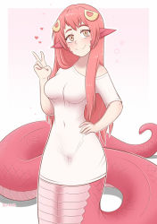 Rule 34 | 1girl, breasts, cleavage, commission, hair between eyes, happy, heart, lamia, large breasts, long hair, looking at viewer, miia (monster musume), monster girl, monster musume no iru nichijou, pointy ears, red hair, scales, selirum, shirt, slit pupils, smile, snake tail, solo, strapless, tail, v, white shirt, yellow eyes