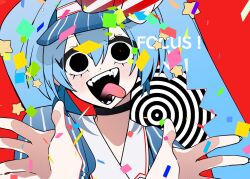 Rule 34 | 1girl, :d, black choker, black eyes, blue hair, blue hat, bow, choker, fangs, fingernails, hair between eyes, hands up, hat, hat bow, hatsune miku, highres, light blue hair, long hair, mesmerizer (vocaloid), open mouth, puffy sleeves, red background, shiozaki ise, smile, solo, star (symbol), striped bow, striped clothes, striped headwear, teeth, tongue, tongue out, twintails, upper body, visor cap, vocaloid
