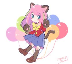 Rule 34 | 10s, 1girl, :3, animal ears, animal hands, artist name, bad id, bad twitter id, balloon, blue eyes, blush, cat ears, cat tail, dated, full body, gloves, hashimoto nyaa, jikuno, kneehighs, loafers, mary janes, osomatsu-san, paw gloves, pink hair, school uniform, shoes, simple background, socks, solo, tail, white background