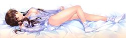 Rule 34 | 1girl, absurdres, areola slip, bare legs, blush, breasts, brown eyes, brown hair, carnelian, cleavage, copyright request, dakimakura (medium), feet, female focus, hair ribbon, highres, legs, long image, lying, no bra, no panties, no shoes, open clothes, open shirt, pajamas, ribbon, shirt, shirt tug, smile, socks, solo, striped clothes, striped shirt, unbuttoned, wide image
