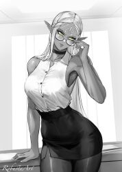 Rule 34 | 1girl, adjusting eyewear, alternate costume, armpits, bare shoulders, bespectacled, breasts, choker, cithis, collared shirt, contemporary, cowboy shot, dark-skinned female, dark elf, dark skin, desk, dungeon meshi, elf, facial mark, glasses, greyscale, hair around ear, hand on eyewear, highres, indoors, large breasts, long hair, looking over eyewear, looking to the side, monochrome, notched ear, office lady, pantyhose, pencil skirt, pointy ears, robusta mania, shirt, signature, skirt, sleeveless, sleeveless shirt, solo, spot color, thighs, very long hair, yellow eyes