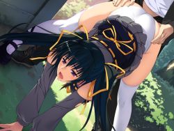 Rule 34 | 1girl, all fours, ass, ass grab, black hair, blush, clothed sex, doggystyle, game cg, grass, hair ornament, ishigaki takashi, long hair, open mouth, panties, purple eyes, saliva, sex, sex from behind, shadow, skirt, socks, thighhighs, twintails, underwear, upskirt, white panties