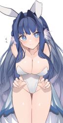 Rule 34 | 1girl, absurdres, alternate costume, animal ears, arknights, astesia (arknights), blue eyes, blue hair, blush, breasts, chunta, cleavage, closed mouth, commentary, commission, cowboy shot, diamond-shaped pupils, diamond (shape), fake animal ears, frontal wedgie, groin, hair intakes, hand under clothes, highleg, highleg leotard, highres, large breasts, leaning forward, leotard, leotard tug, long hair, looking at viewer, playboy bunny, rabbit ears, sidelocks, simple background, skeb commission, smile, solo, standing, strapless, strapless leotard, sweatdrop, symbol-shaped pupils, thigh gap, thighs, very long hair, wedgie, white background, white leotard