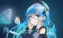Rule 34 | 1girl, apple juice, beret, blue eyes, blue jacket, commentary, earrings, english commentary, floating, glasses, grey hat, hair behind ear, hands on own face, hat, highres, hololive, hoshimachi suisei, hoshimachi suisei (streetwear), jacket, jewelry, juice, juice box, looking at viewer, microphone, nonbire, off shoulder, round eyewear, side ponytail, smile, solo, star (symbol), star in eye, symbol in eye, upper body, virtual youtuber