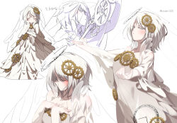 Rule 34 | 1girl, closed eyes, dress, e.g.o (project moon), faust (project moon), gears, half-closed eyes, hands on own chest, holding, holding weapon, kbtur, limbus company, outstretched arms, project moon, veil, weapon, white dress, white hair