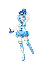 Rule 34 | 1girl, :d, arm up, bloomers, blue bloomers, blue hair, blue headwear, blue mittens, blush, boots, coat, dragon providence, full body, holding, holding stick, knee boots, looking at viewer, mittens, official art, open mouth, short hair, smile, snome (dragon providence), solo, standing, stick, third-party source, white coat, white footwear