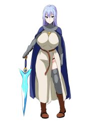 Rule 34 | 1girl, armor, blue eyes, blue hair, breasts, cape, chainmail, closed mouth, cross, female knight, full body, hair between eyes, holding, holding sword, holding weapon, knight, knights templar, large breasts, long hair, looking at viewer, original, solo, standing, sword, tawashi1623, weapon