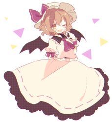Rule 34 | 1girl, ascot, bad id, bad twitter id, bat wings, brown eyes, brown hair, color switch, cosplay, daizu (melon-lemon), fangs, hat, open mouth, remilia scarlet, remilia scarlet (cosplay), short hair, simple background, smile, solo, touhou, toyosatomimi no miko, wings