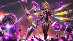 Rule 34 | 1girl, ahoge, armor, armored dress, bare shoulders, boots, breasts, dark persona, destruction, diamond-shaped pupils, diamond (shape), portal (object), dress, elbow gloves, energy beam, energy wings, floating, floating object, floating weapon, fur collar, gloves, hair between eyes, hair ornament, hand up, highres, honkai (series), honkai impact 3rd, incoming attack, jewelry, kiana kaslana, kiana kaslana (herrscher of the void), large breasts, lightning, long hair, looking at viewer, medium breasts, outdoors, parted lips, pencil (pixiv 9969380), polearm, sidelocks, silver hair, single elbow glove, smile, solo, spear, symbol-shaped pupils, thighhighs, very long hair, walking, weapon, yellow eyes