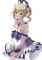 Rule 34 | 1girl, :o, absurdres, barbara (genshin impact), bare shoulders, blonde hair, blue eyes, book, bow, bowtie, breasts, cleavage, commentary request, cross, detached collar, detached sleeves, dress, drill hair, genshin impact, highres, latin cross, long hair, long sleeves, looking at viewer, marishiten (mar1sh110), medium breasts, open mouth, pantyhose, parted lips, priestess, seiza, shoes, simple background, sitting, solo, strapless, strapless dress, twin drills, twintails, wariza, white background, white bow, white bowtie, white dress, white footwear, white headwear, white pantyhose