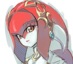 Rule 34 | 1girl, closed mouth, colored skin, dutch angle, highres, kawakami rokkaku, looking at viewer, mipha, multicolored skin, nintendo, portrait, red hair, red skin, sketch, smile, solo, tentacle hair, the legend of zelda, the legend of zelda: breath of the wild, two-tone skin, white background, white skin