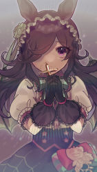 Rule 34 | 1girl, animal ears, artist name, black gloves, black skirt, bow, brown hair, center frills, closed mouth, commentary request, cross, flower, frilled sleeves, frills, gloves, hair flower, hair ornament, hair over one eye, hair ribbon, highres, horse ears, interlocked fingers, lace, lace-trimmed gloves, lace trim, large bow, latin cross, lens flare, long hair, looking at viewer, maico (manya0321), official alternate costume, own hands clasped, own hands together, puffy short sleeves, puffy sleeves, purple eyes, ribbon, rice shower (make up vampire!) (umamusume), rice shower (umamusume), short sleeves, skirt, solo, umamusume, upper body, wings