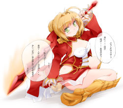 Rule 34 | 1girl, aestus estus, ahoge, anbee (arary), arm up, armored boots, blonde hair, boots, braid, breasts, cleavage, closed mouth, collarbone, covered erect nipples, dress, epaulettes, fate/grand order, fate (series), female focus, from side, full body, glowing, green eyes, hair bun, hair intakes, hair ribbon, happy, highres, holding, holding sword, holding weapon, japanese text, juliet sleeves, leotard, long sleeves, looking at viewer, medium breasts, nero claudius (fate), nero claudius (fate) (all), nero claudius (fate/extra), puffy sleeves, red dress, red ribbon, ribbon, see-through, short hair, simple background, single hair bun, sitting, smile, solo, speech bubble, sword, talking, text focus, translation request, wariza, weapon, white background, white leotard, yellow footwear