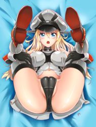 Rule 34 | 10s, 1girl, ass, bismarck (kancolle), blonde hair, blue eyes, breasts, cameltoe, covered erect nipples, folded, grey thighhighs, hat, highres, hm (hmongt), kantai collection, knees to chest, long hair, looking at viewer, lying, on back, open mouth, partially visible vulva, solo, thighhighs