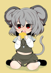 Rule 34 | 1girl, animal ears, belly, cheese, eating, female focus, food, grey hair, jewelry, mouse ears, mouse tail, nazrin, omiya (louise-louis-lucille), pendant, plump, red eyes, short hair, solo, tail, touhou