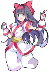 Rule 34 | 1990s (style), 1girl, ainu clothes, black hair, bow, breasts, enpe, fingerless gloves, gloves, hair bow, hairband, highres, long hair, nakoruru, pants, retro artstyle, samurai spirits, simple background, small breasts, smile, solo, white background