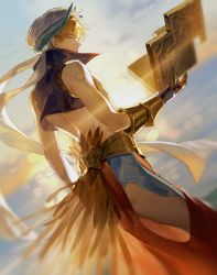 Rule 34 | 1boy, arabian clothes, back, bare shoulders, bikkusama, blonde hair, blue sky, book, bracer, cropped vest, dutch angle, earrings, fate/grand order, fate (series), gauntlets, gilgamesh (fate), gilgamesh (caster) (fate), highres, holding, holding book, jewelry, looking to the side, sky, standing, sun, sunset, turban, vest
