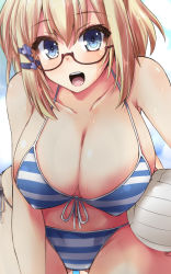 Rule 34 | 1girl, ball, bead bracelet, beads, bikini, blonde hair, blue eyes, border, bracelet, breasts, cleavage, clip studio paint (medium), collarbone, commentary request, covered erect nipples, eyes visible through hair, front-tie bikini top, front-tie top, glasses, gluteal fold, hair ribbon, highres, jewelry, large breasts, leaning forward, looking at viewer, navel, open mouth, ribbon, rokudenashi majutsu koushi to akashic record, rumia tingel, shinshin, solo, striped bikini, striped clothes, swimsuit, teeth, tress ribbon, volleyball, volleyball (object), wet