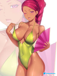 Rule 34 | 1girl, alternate costume, blush, braid, breasts, cleavage, commentary, covered navel, dark-skinned female, dark skin, etchimune, fire emblem, fire emblem: three houses, green one-piece swimsuit, hand fan, highleg, highleg swimsuit, holding, holding fan, large breasts, long hair, nintendo, one-piece swimsuit, one eye closed, open mouth, petra macneary, purple eyes, red hair, solo, swimsuit, symbol-only commentary, thighs, twitter username, yellow one-piece swimsuit