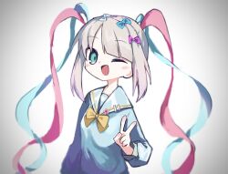 Rule 34 | 1girl, ;d, blue bow, blue eyes, blue hair, bow, chouzetsusaikawa tenshi-chan, grey background, grey hair, hair bow, hand up, highres, long hair, long sleeves, looking at viewer, multicolored hair, multiple hair bows, needy girl overdose, odayaka, one eye closed, open mouth, pink bow, pink hair, purple bow, quad tails, sailor collar, smile, solo, upper body, v