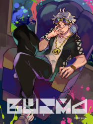 Rule 34 | 1boy, absurdres, black hair, black jacket, black pants, blood, chair, character name, commentary request, creatures (company), eyewear on head, game freak, guzma (pokemon), hand up, highres, hood, hooded jacket, jacket, kibisuke (bisvv), looking at viewer, male focus, multicolored hair, nintendo, pants, parted lips, pokemon, pokemon sm, shirt, shoes, short sleeves, sitting, solo, sunglasses, team skull, two-tone hair, undercut, white footwear, white hair, white shirt, yellow-framed eyewear