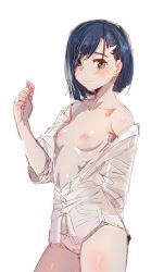 Rule 34 | 10s, 1girl, arm behind back, blue hair, bow (bhp), breasts, closed mouth, collarbone, commentary request, condom, cowboy shot, darling in the franxx, food, fruit, green eyes, hair ornament, hairclip, holding, holding condom, ichigo (darling in the franxx), nipples, no bra, no pants, off shoulder, open clothes, open shirt, panties, pink panties, shiny skin, shirt, short hair, sketch, small breasts, solo, standing, strawberry, unbuttoned, underwear, white shirt