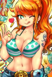 Rule 34 | 00s, 1girl, ;q, belt, belt buckle, bikini, bikini top only, breasts, buckle, cleavage, coin, collarbone, denim, earrings, eyebrows, eyelashes, gake no ue no ponyo, green eyes, heart, jeans, jewelry, kenron toqueen, large breasts, licking lips, log pose, looking at viewer, midriff, money, money gesture, nami (one piece), navel, one eye closed, one piece, orange hair, pants, solo, striped bikini, striped bikini top, striped clothes, swimsuit, tattoo, tongue, tongue out, underboob, wavy hair