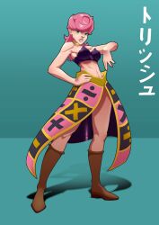 Rule 34 | 1girl, arm up, black bra, blue background, boots, bra, brown footwear, commentary, english commentary, front slit, green eyes, hand on own hip, highres, jewelry, jojo no kimyou na bouken, looking at viewer, math, necklace, pink hair, pompadour, shadow, skirt, solo, trish una, underwear, viper 1390