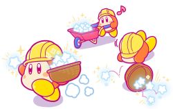 Rule 34 | basket, blush stickers, commentary request, hard hat, helmet, kirby (series), musical note, nintendo, official art, running, simple background, sixteenth note, sparkle, star (symbol), tripping, waddle dee, wheelbarrow, white background