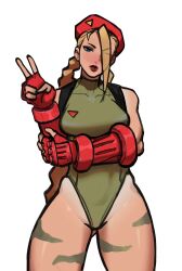 Rule 34 | 1girl, bare shoulders, blonde hair, blue eyes, blush, braid, breasts, cammy white, hat, highres, large breasts, leotard, lips, long hair, looking at viewer, one eye closed, peterchai, street fighter, v, very long hair, wink