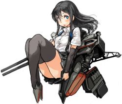 Rule 34 | 10s, 1girl, arm warmers, asashio (kancolle), black hair, black thighhighs, blue eyes, blush, collared shirt, full body, kantai collection, long hair, machinery, open mouth, pleated skirt, sachito, shirt, short sleeves, simple background, skirt, solo, suspenders, thighhighs, white background