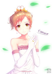 Rule 34 | 1girl, artist name, bad id, bad pixiv id, bare shoulders, bride, closed eyes, closed mouth, collarbone, crown, dress, earrings, elbow gloves, eyebrows, eyelashes, ezekuro, frilled dress, frills, gloves, head tilt, highres, jewelry, looking at viewer, orange hair, original, petals, red eyes, ring, short hair, simple background, sleeveless, sleeveless dress, smile, solo, strapless, strapless dress, tareme, tiara, upper body, w arms, wedding, wedding band, wedding dress, white background, white dress, white gloves, yellow eyes