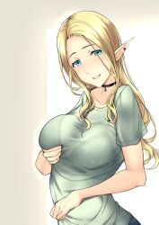 Rule 34 | 1girl, aqua eyes, blonde hair, bra, bra visible through clothes, breasts, collarbone, denim, ear piercing, elf, grabbing own breast, green shirt, jeans, jewelry, kuurunaitsu, lace, lace bra, large breasts, long hair, necklace, open mouth, original, pants, piercing, pointy ears, see-through, see-through shirt, shirt, short sleeves, solo, underwear