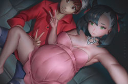 Rule 34 | 1boy, 1girl, bad id, bad pixiv id, bed, black hair, breasts, choker, cleavage, couch, creatures (company), dress, game freak, hair ribbon, marnie (pokemon), nintendo, pink dress, pokemon, pokemon swsh, pregnant, ribbon, selfie, short hair, smile, strapless, strapless dress, twintails, unfairr, v, victor (pokemon)
