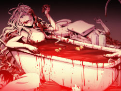 Rule 34 | 1girl, bath, bath of blood, bathtub, blood, blood on face, fangs, flat chest, guro, heart (organ), highres, intestines, long hair, nipples, pd-x, pixiv nocturne, rubber duck, slit pupils, solo, vampire